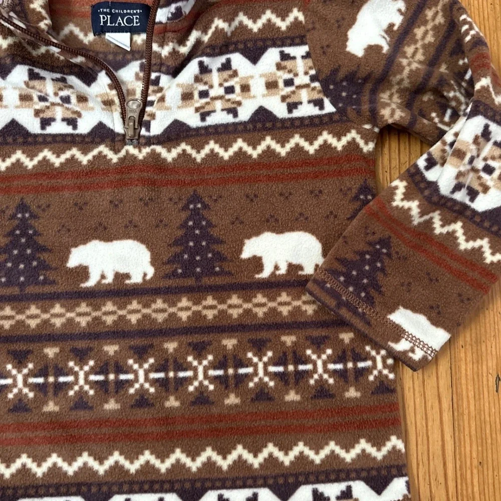 The Children's Place Fleece Pullover Boys Brown Fair Isle Polar Bear SIZE 4T